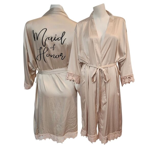 Maid of Honor Bridal Party Robe Silk Satin Lace Trim Spa Robe Plus Size 4XL Tan - Picture 2 of 10